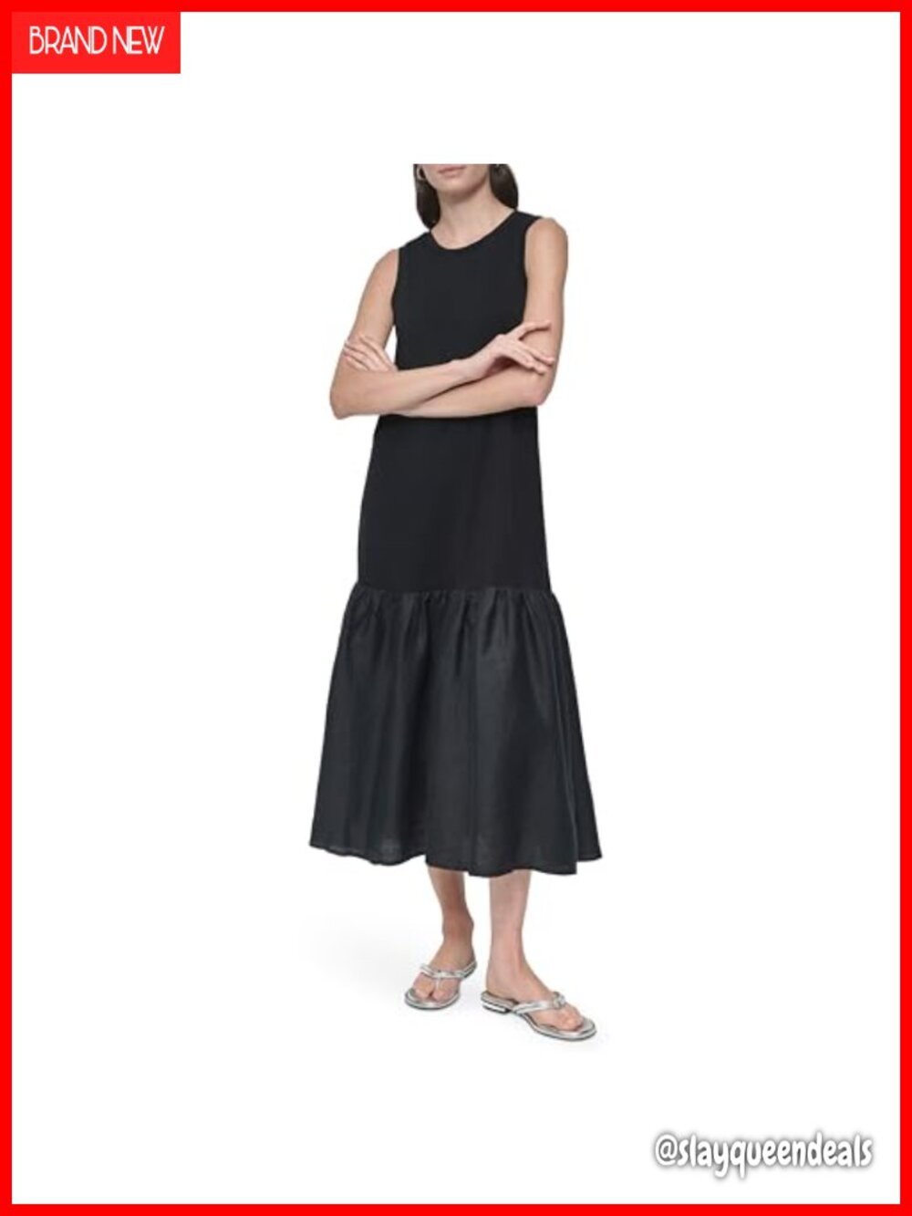 Lightweight Cotton Stretch Linen Midi Dress A-Line Sleeveless Business Casual